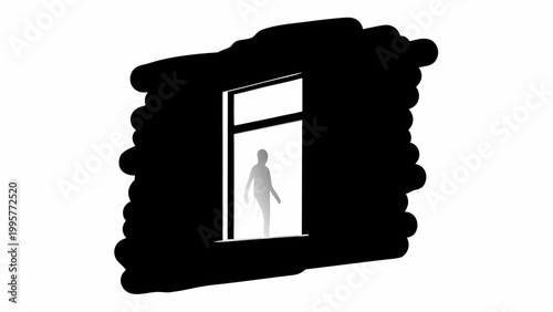 A silhouette of a person standing in a window frame against darkness and isolation