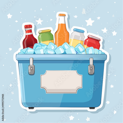 Blue Cooler Box Filled with Drinks and Ice Cubes