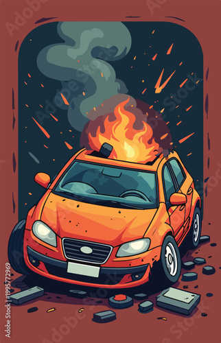 Car crash with fire accident scene – vector illustration