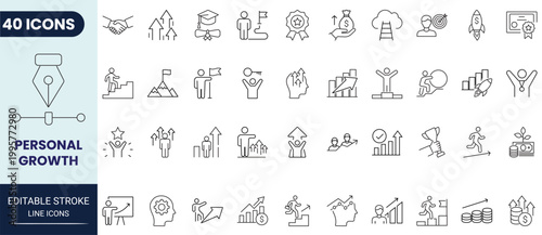Personal growth icon set in outline style. Editable stroke. Vector icon collection.