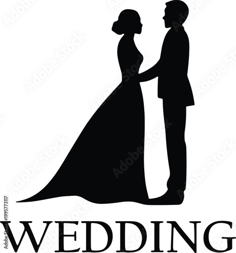 Elegant black silhouette illustration featuring a loving bride and groom standing together in a romantic wedding pose isolated on a clean white professional background