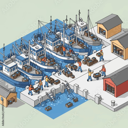 Fishermen unloading catch at a harbor.