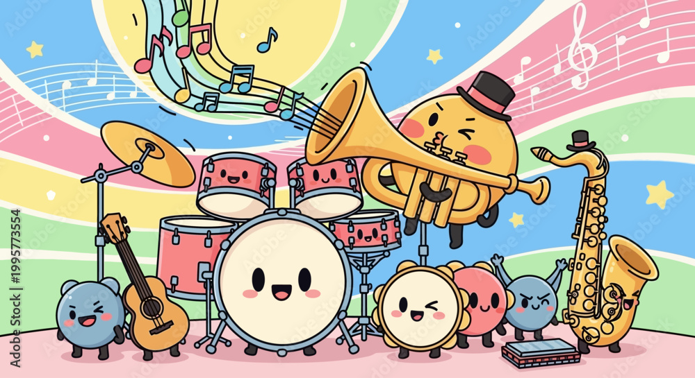 Naklejka premium Cartoon musical instruments and characters playing.