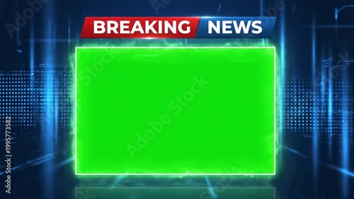 A breaking news video graphic with a green screen and blue background