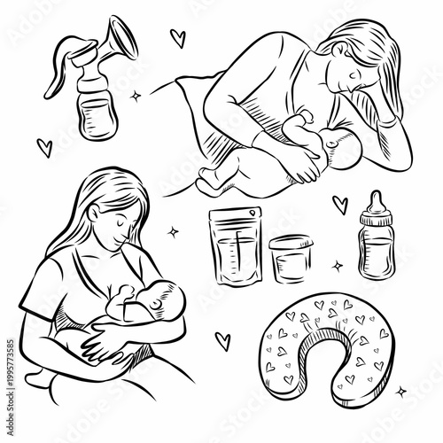 Breastfeeding and Nursing Set - Mom Baby Breast Pump Milk Bag Bottle Nursing Pillow Hand Drawn Sketch Vector