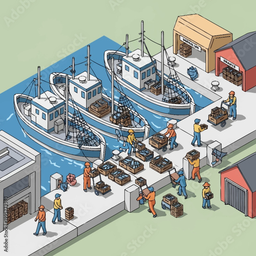 Fishermen unloading catch at a dock.