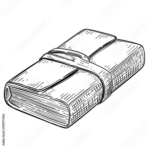 old book with leather strap vector line art hand drawn illustration
