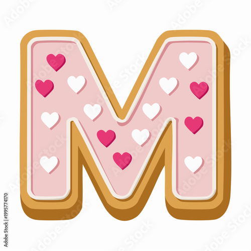Letter M Cookie with Pink Icing and Hearts
