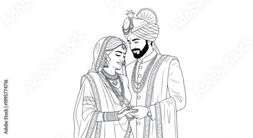 Indian Wedding Couple Line Art Drawing, Bride and Groom in Traditional Attire