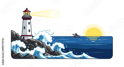 Lighthouse guiding ships at sea with waves crashing on rocky shore, sunrise.