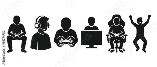 Video game player icons set, gaming silhouettes collection, people playing games with controllers, esports gamers with headsets and monitors, competitive tournament symbols, minimal vector black graph