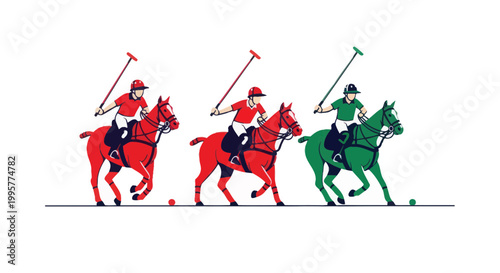 Polo Match Illustration: Players on Horses with Mallets, Dynamic Action