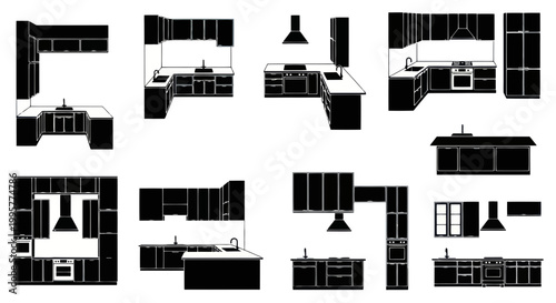 Modern Kitchen Designs - Black Silhouettes on White Background