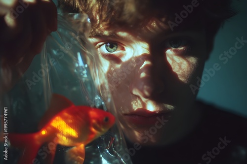 Portrait of a teenage boy holding a small plastic bag with a goldfish, the water casting a shimmering reflection on his face creating a surreal editorial effect