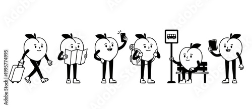Peach Character Travel Set, Cute Fruit Icons Traveling with Suitcase, Map, and Backpack, Outline Vector Illustration of Cartoon Fruit Tourists on Vacation in Minimalist Style for Tourism Design Assets