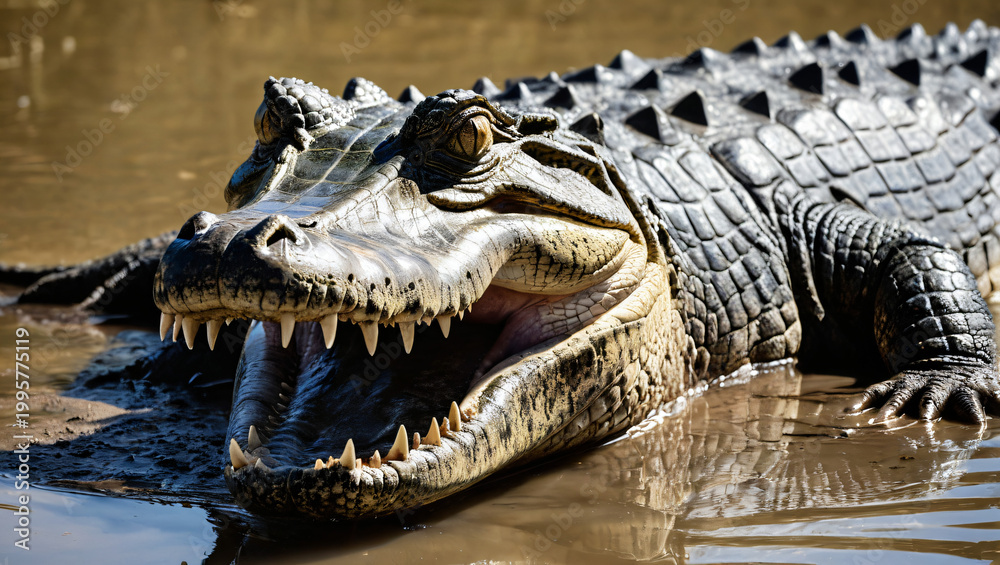 Obraz premium Powerful Image of Saltwater Crocodile Submerged in Muddy River Water
