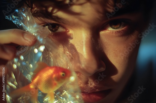 Portrait of a teenage boy holding a small plastic bag with a goldfish, the water casting a shimmering reflection on his face creating a surreal editorial effect