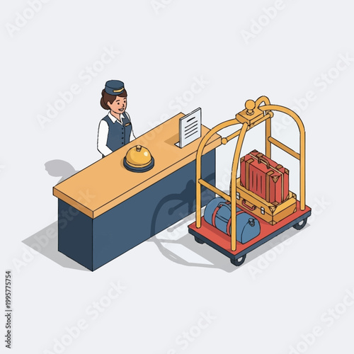 Hotel staff with luggage cart at reception.
