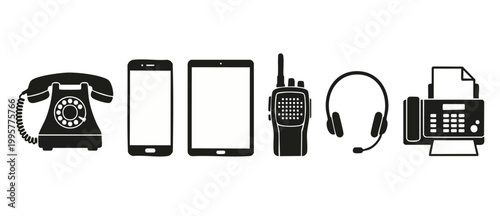 Communication Technology Icons Set, Modern Devices and Vintage Telephone Vector Graphics, Business Gadgets Collection for Digital Infrastructure, Connectivity Hardware Silhouettes on White Background