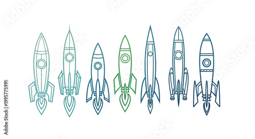 A row of stylized rockets in varying designs and colors representing space exploration and innovation