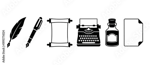Writing and Journalism Icons Set: Feather Pen, Fountain Pen, Ancient Scroll, Vintage Typewriter, Ink Bottle and Blank Paper Sheet for Literature, Authorship, Creative Writing and Publishing Projects