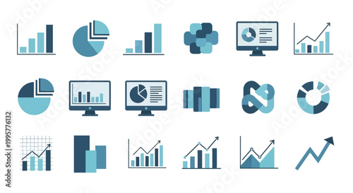 Collection of business data analytics icons representing growth statistics and reporting in teal and gray