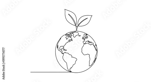 Foto Single line drawing of earth with sprouting leaves, symbolizing growth and environmental protection