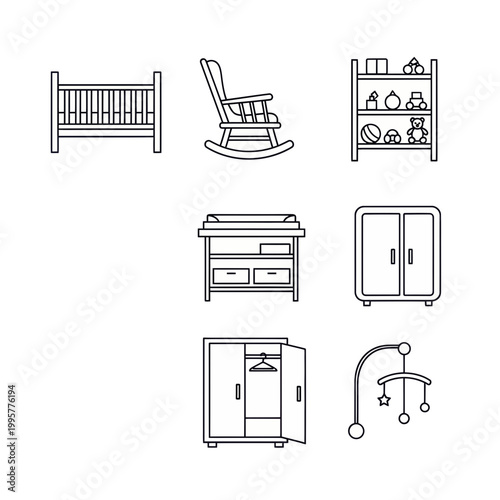 Student Room Furniture Icon Set – Study Space Outline Icons