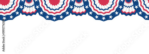 Paper fans and stars in American colors seamless border. Half Circle bunting garlands red, white, and blue.patriotic decoration. July 4, independence day. for design poster, brochure, banner, website.
