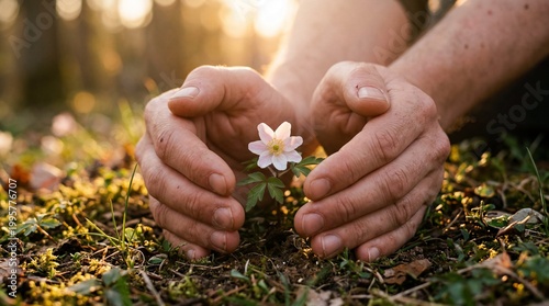 Hands carefully protecting a small white flower growing in the soil during sunset, environmental conservation, nature care, new life.