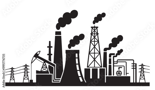 Industrial factory silhouette vector, power plant and oil refinery landscape, black manufacturing facility with smoke stacks and oil rig