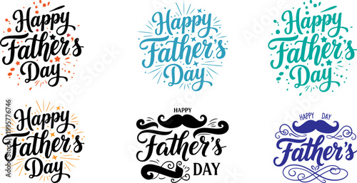 Happy father's day typography collection with mustaches and watercolor splashes