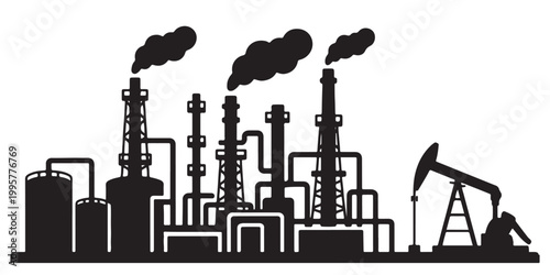 Industrial oil refinery silhouette vector, chemical factory plant with smoking chimneys, petroleum processing facility and oil pump jack icon