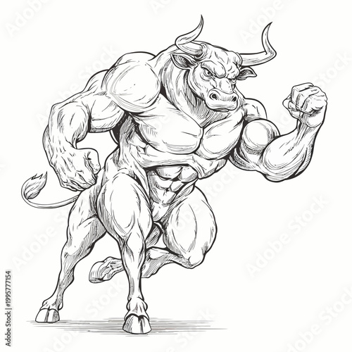 Bull with a muscular physique stands in a powerful charging pose in this artistic ink illustration.