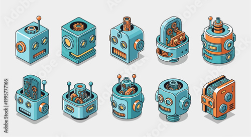 Isometric robotic components a collection of detailed colorful and mechanically intricate robot parts and assemblies