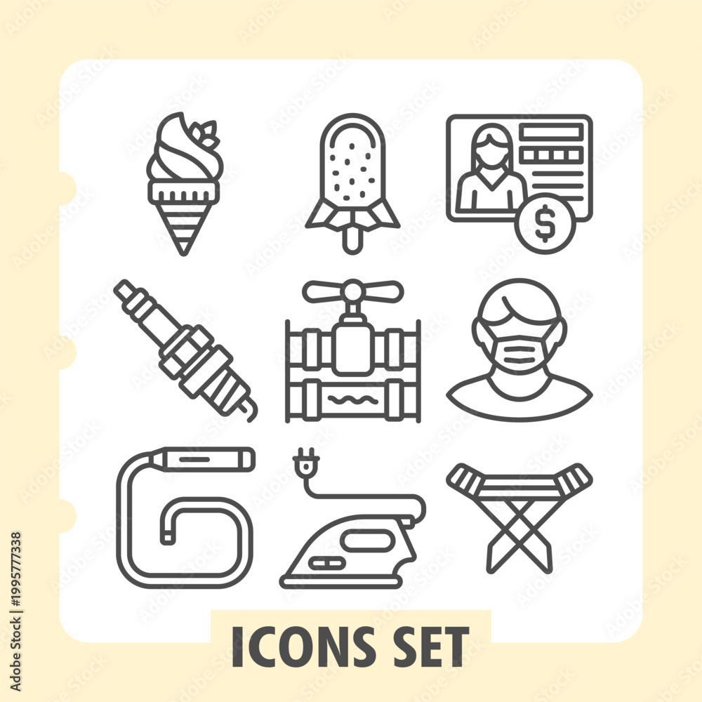 Fototapeta premium Ice cream, spark plug, led lamp cord icons, collection illustrating concepts such as household, health and industry. Set of nine line icons on white background.