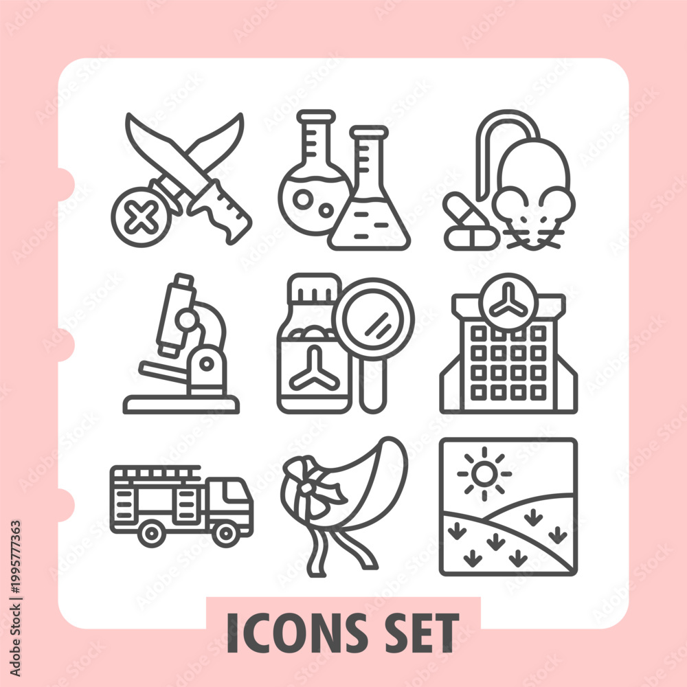 Fototapeta premium Crossed knifes, microscope, firefighter truck icons, collection illustrating concepts such as safety, science, health, public service and nature. Set of nine line icons on white background.