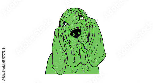 Green Bloodhound Dog Portrait, Sad Expression, Graphic Style