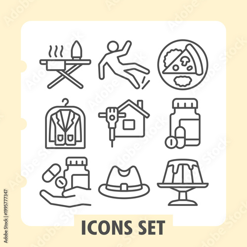 Ironing board, microphone ban, medication pills icons, collection illustrating concepts such as home activities, health, food and fashion. Set of nine line icons on white background.