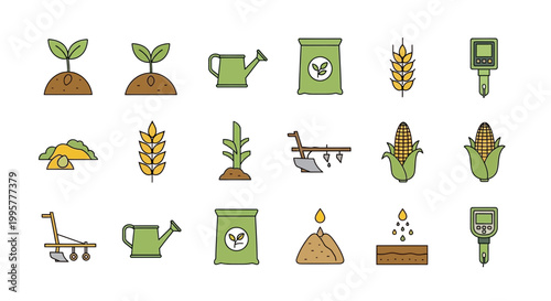 Agricultural icons set farming gardening and crop cultivation illustrated in a minimalist style