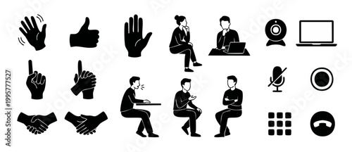 Business Video Conference Icons Set, Hand Gestures and Meeting People Silhouettes for Professional Online Communication and Remote Work Interface UI Elements, Minimalist Flat Black Vector Collection
