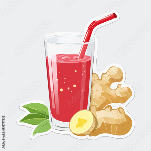 Glass of Red Juice with Ginger and Leaves