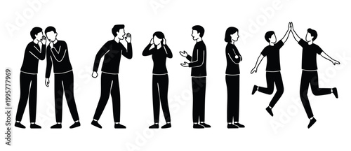 People communication icons set, diverse social interaction poses, whispering, shouting, listening, ignoring, and high five gestures, flat black and white vector illustration for business or teamwork c