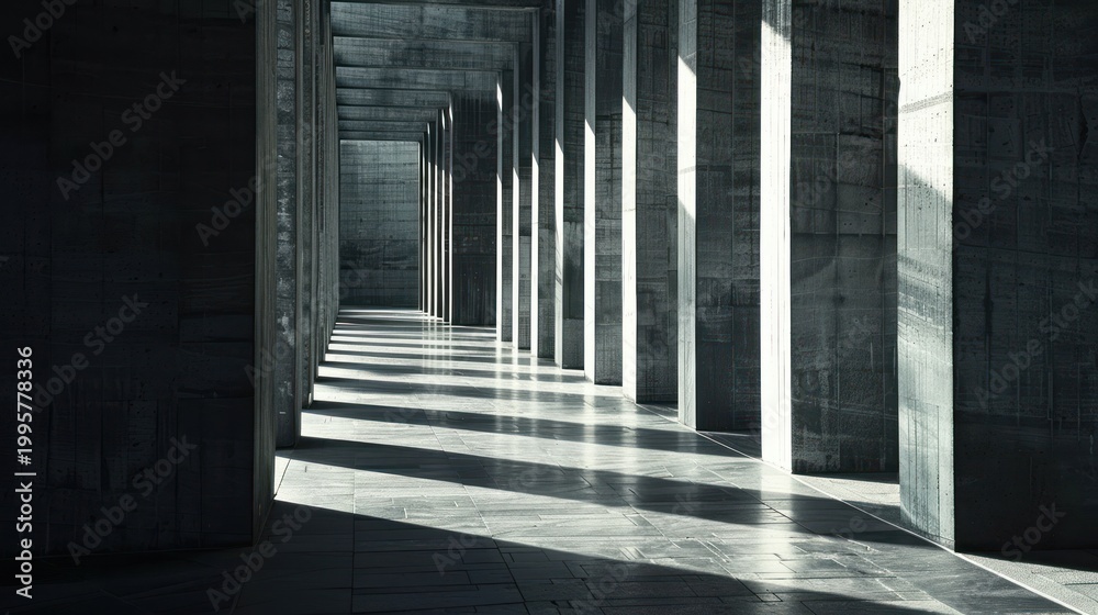 Obraz premium Stark concrete hallway perspective with shadows and sunlight