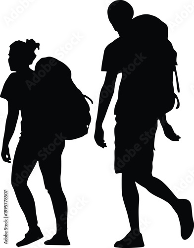 Backpacker couple silhouette walking together with hiking backpacks on white background, adventurous man and woman traveling, exploring nature, trekking, and active lifestyle travel concept illustrat