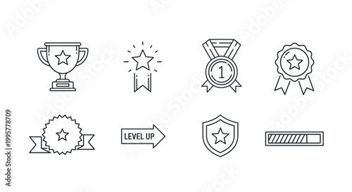 Collection of achievement icons and symbols.