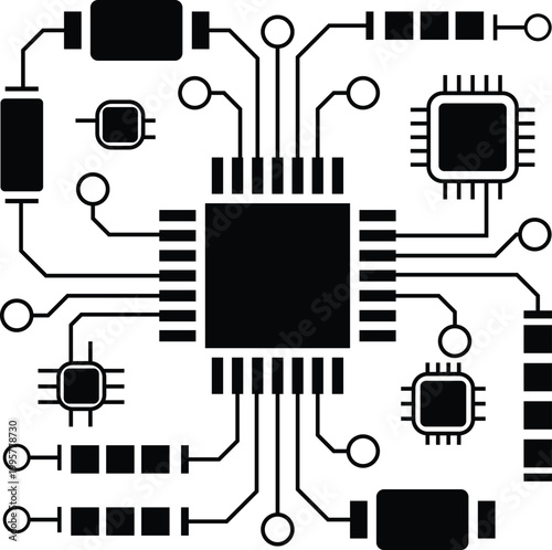 Central microprocessor surrounded by electronic components and circuitry, black and white vector illustration