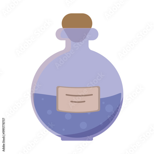 Round Purple Glass Potion Bottle with Cork Stopper and Label — Flat Vector Illustration