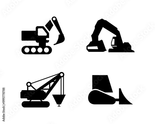 Construction vehicle excavator silhouette flat icon set isolated graphic