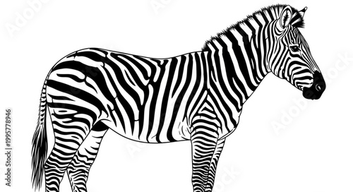 A detailed black and white illustration of a zebra standing.